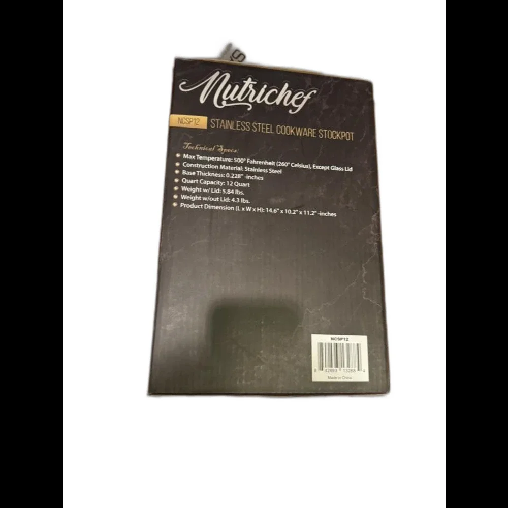 Nutrichef NCSP12 12 Quart Stainless Steel Stockpot Glass Lid 500F Heavy NEW